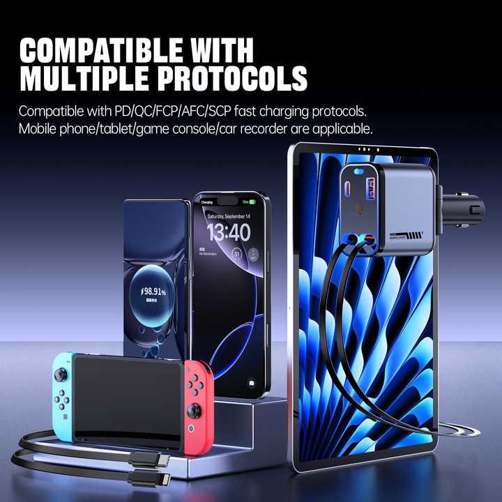 4-in-1 Starry Sky Car Charger with Retractable Cable & 2 Ports
