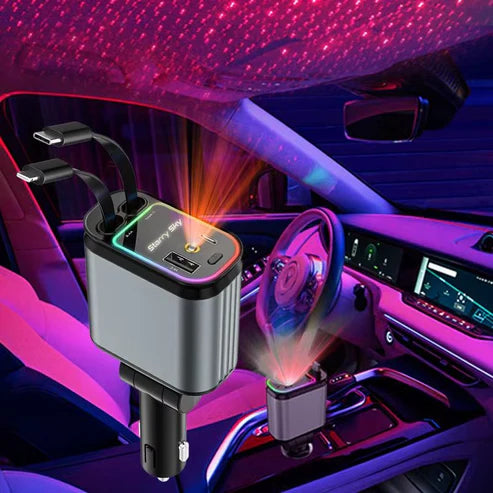 4-in-1 Starry Sky Car Charger with Retractable Cable & 2 Ports