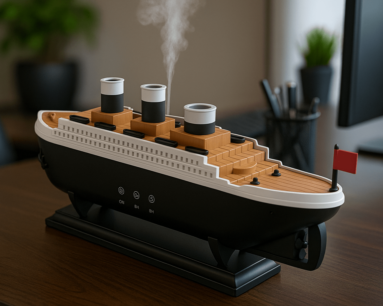 Model of a ship on a wooden table with a blurred indoor background